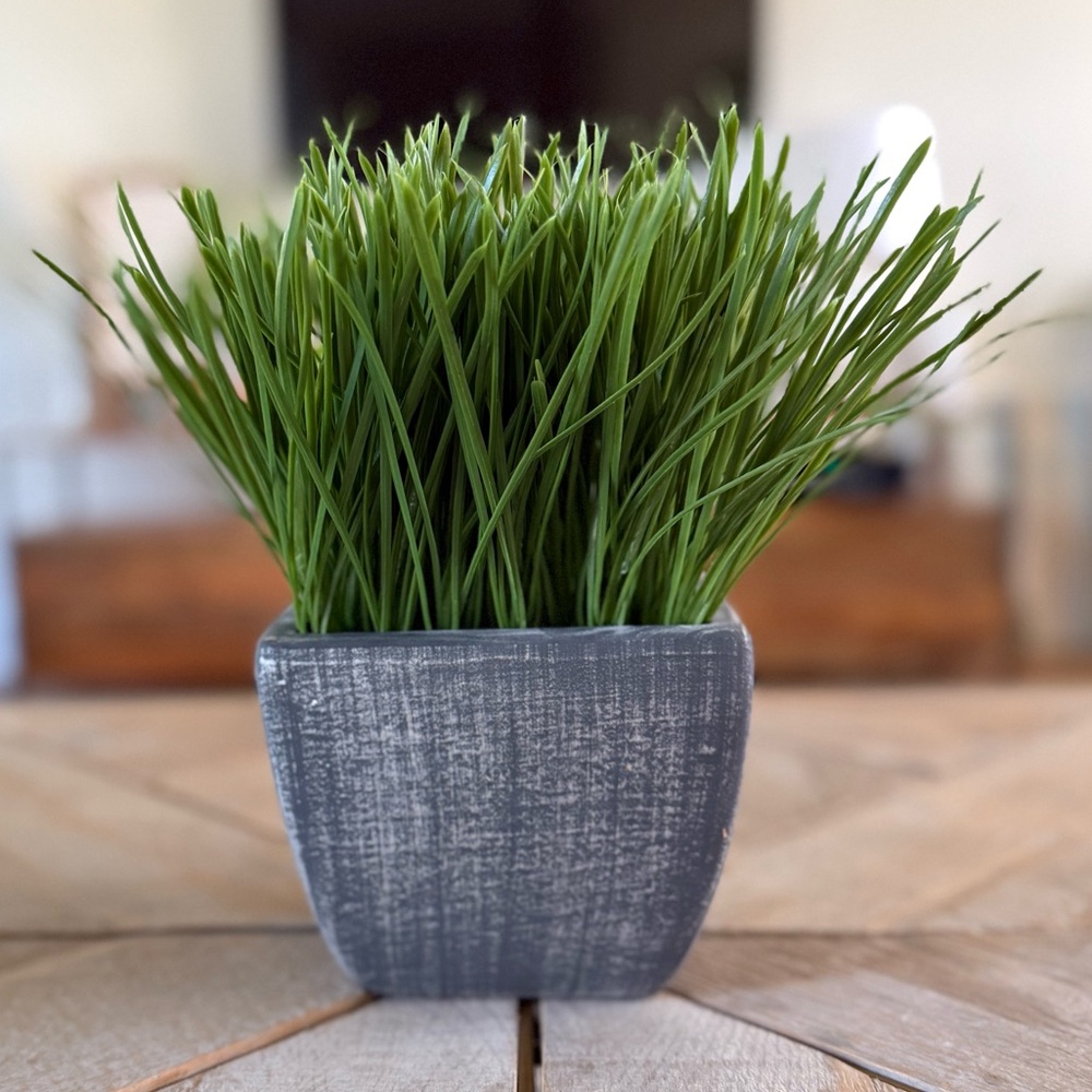 Faux Grass in Distressed Metal Planter